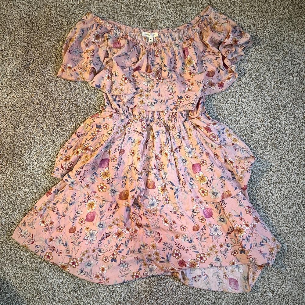 Spice Rose Floral Tiered Ruffle Off-Shoulder Midi Dress